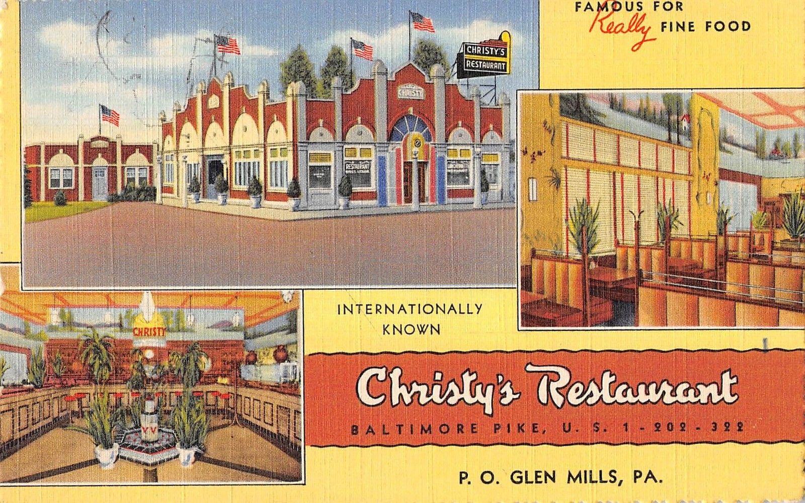 Glen Mills Pennsylvania views of Christy's Restaurant linen antique pc