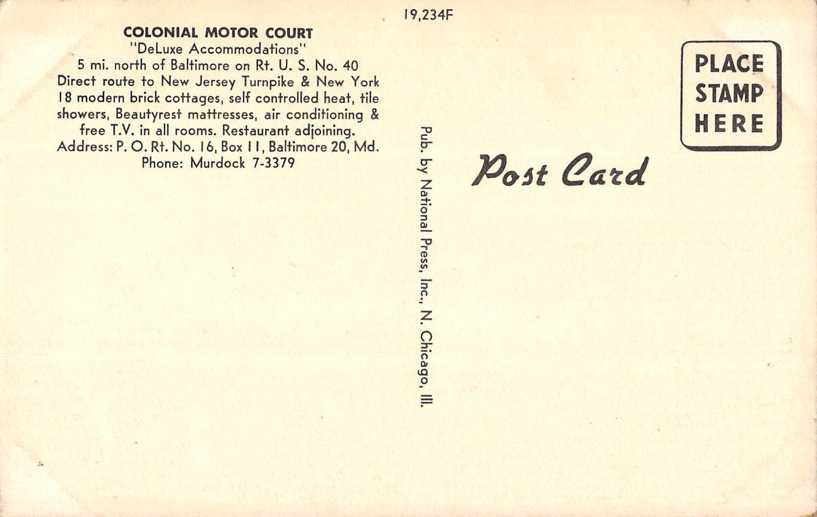 Baltimore Maryland (Area) Colonial Motor Court Antique Postcard V22292 ...