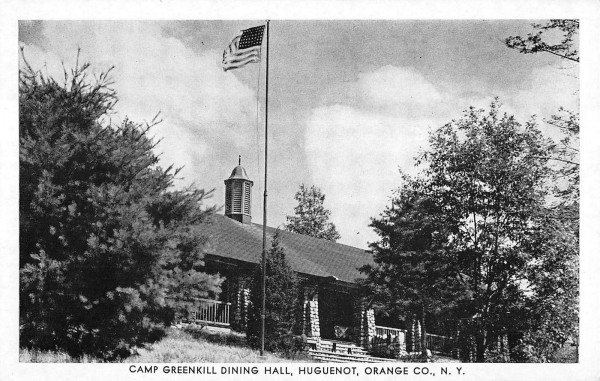 huguenot-new-york-camp-greenkill-dining-hall-flag-pole-antique-postcard