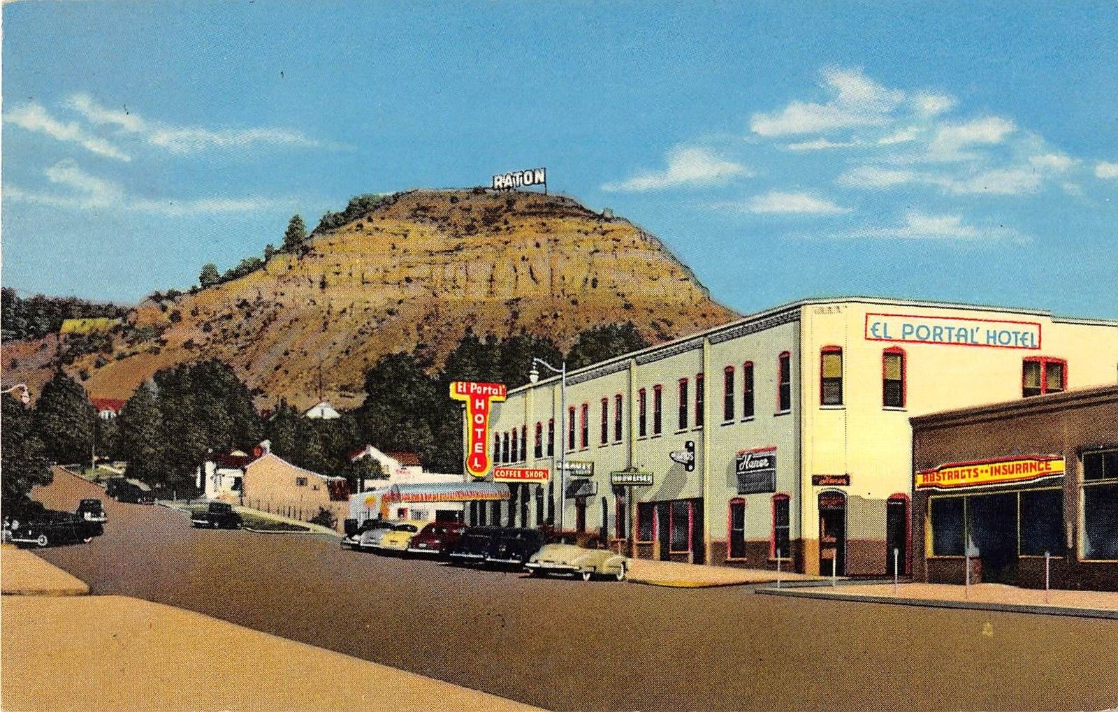 Raton New Mexico Goat Hill Showing El Portal' Hotel Vintage Postcard