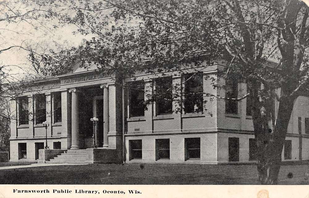 Oconto Wisconsin Farnsworth Public Library Antique Postcard K21289