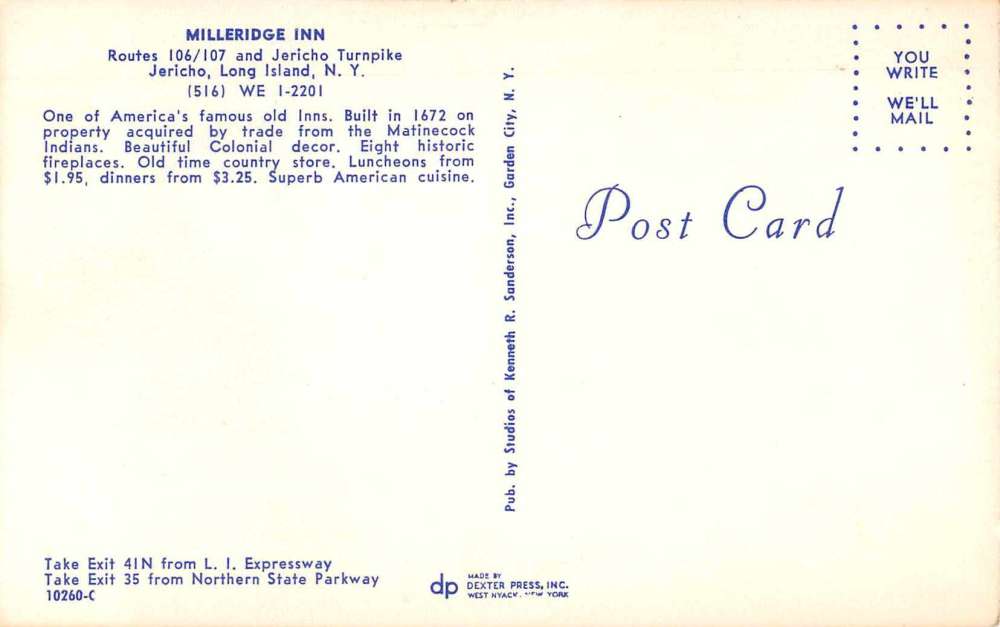 Jericho Long Island New York Milleridge Inn Vintage Postcard J55572 ...