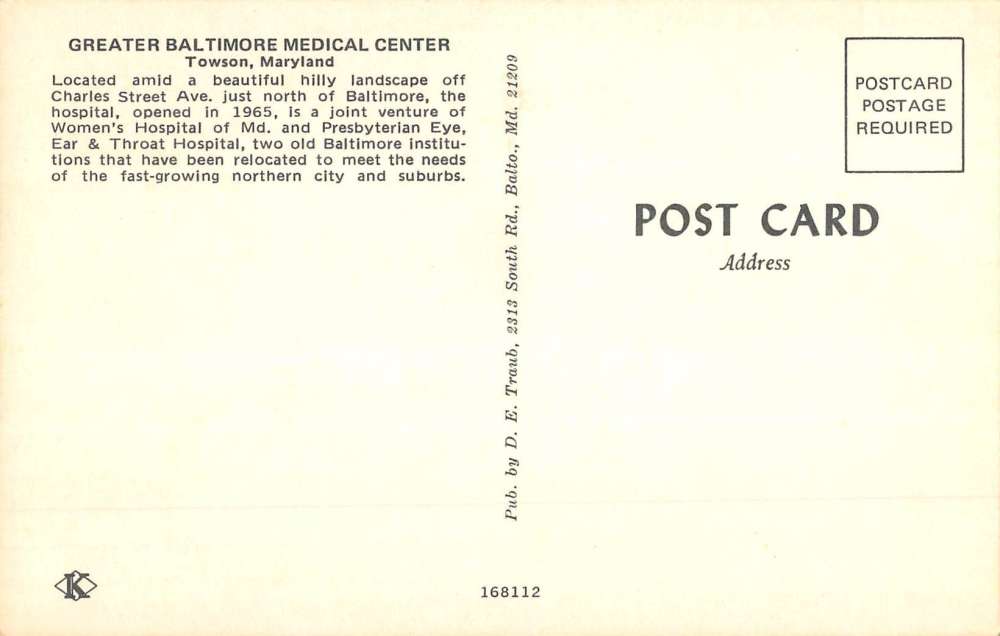 Towson Maryland Baltimore Medical Center Birdseye View Vintage Postcard