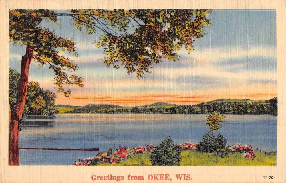 Okee Wisconsin Sunset Waterfront Greeting Antique Postcard K81634 