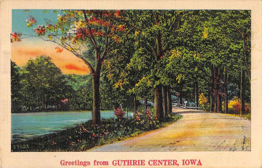 Guthrie Center Iowa Greetings From scenic view river and road antique ...