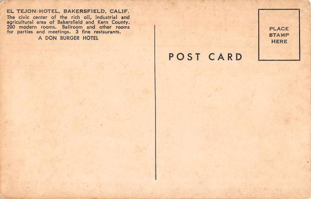 Bakersfield California El Tejon Hotel Antique Postcard J74644 - Mary L 