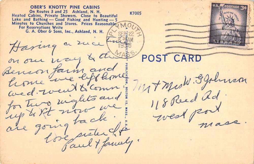 Ashland New Hampshire Obers Knotty Pine Cabins Antique Postcard