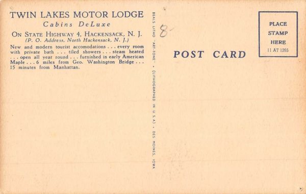 Hackensack New Jersey Twin Lakes Motor Lodge Street View Antique Postcard K98526 - Image 2