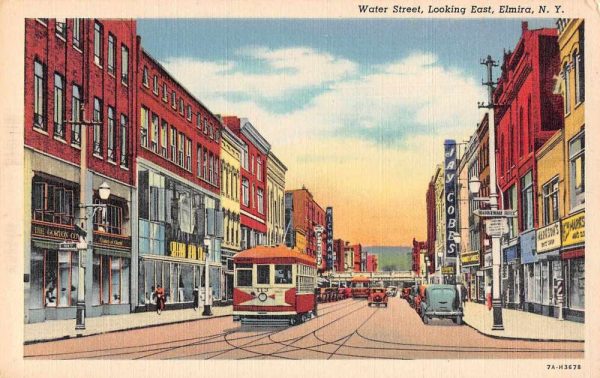 Elmira New York business area trolley train Water St linen antique pc Z49151