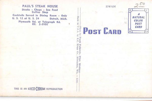 Detroit Michigan Pauls Steak House Street View Antique Postcard K99979 - Image 2