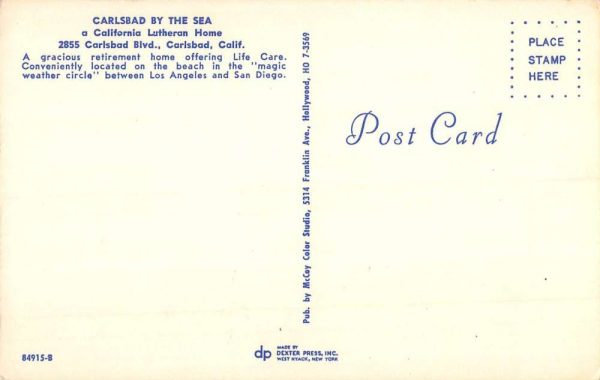 Carlsbad California By The Sea Lutheran Home Vintage Postcard K100192 - Image 2