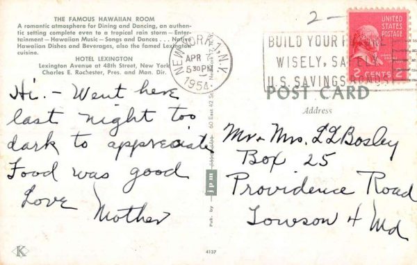 New York City Hotel Lexington Hawaiian Room Vintage Postcard K100866 - Image 2