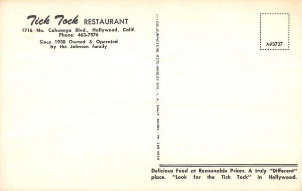 Hollywood California Tick Tock Restaurant Interior Vintage Postcard K101248 - Image 2