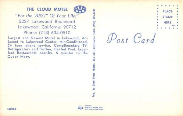 Lakewood California Cloud Motel At Night Vintage Postcard K101512 - Image 2