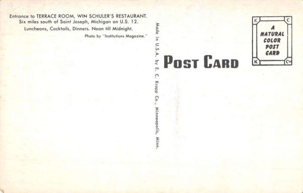 Saint Joseph Michigan Win Schuler Restaurant Terrace Room Postcard K101613 - Image 2