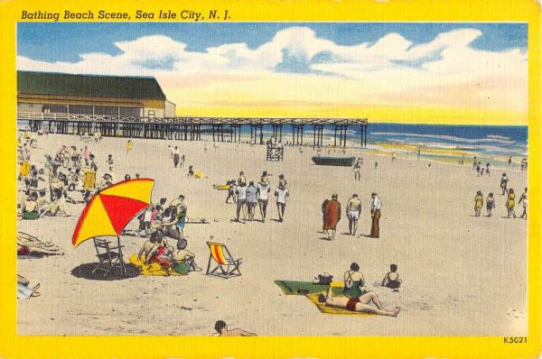 Sea Isle City New Jersey Bathing Beach Scene Linen Antique Postcard K101659