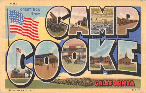 Camp Cooke California Greetings From large letter linen antique pc Z49707