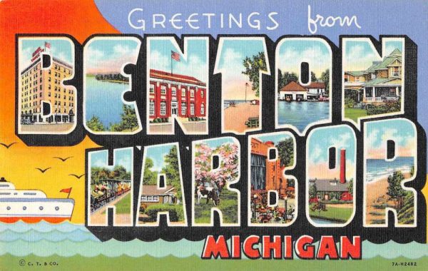 Benton Harbor Michigan Greetings From large letter linen antique pc Z49716