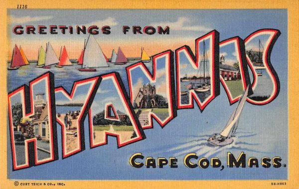 Hyannis Massachusetts Greetings From large letter linen antique pc Z49799