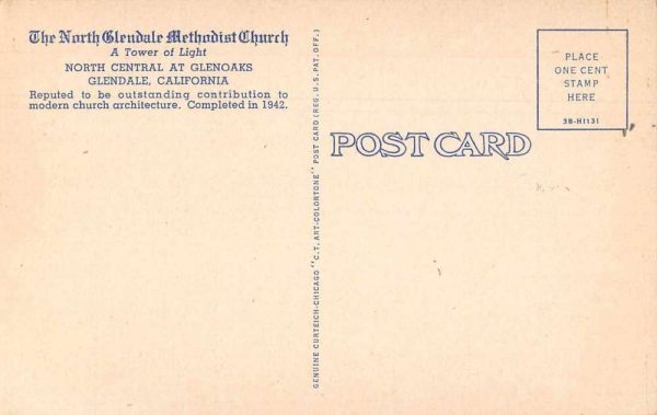 Glendale California Methodist Church Linen Antique Postcard J78982 - Image 2