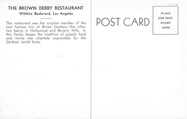 Los Angeles California Brown Derby Restaurant Interior Antique Postcard K102687 - Image 2