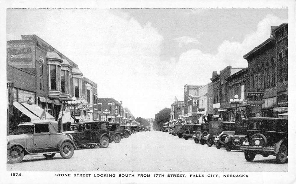 Falls City Nebraska Stone Street Scene Historic Bldgs Antique Postcard