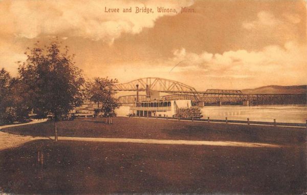 Winona Minnesota Levee And Bridge Scenic View Antique Postcard K103192