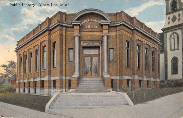 Albert Lea Minnesota Public Library Street View Antique Postcard K103198