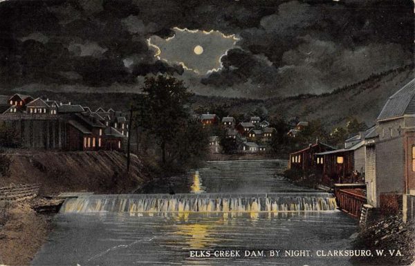 Clarksburg West Virginia Elks Creek Dam At Night Antique Postcard K103309