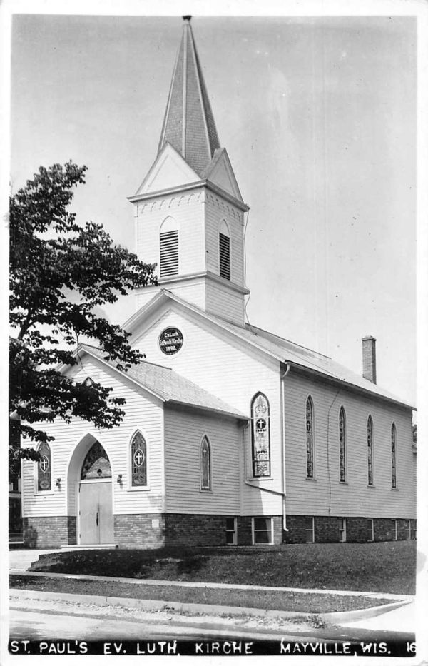 Mayville Wisconsin St Paul's Ev. Luth Kirche Church Tinted Real Photo PC J79281