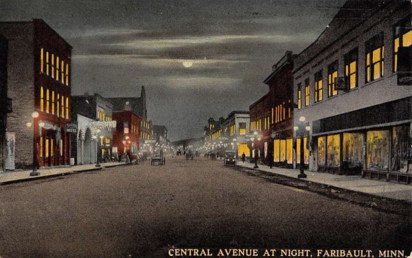 Faribault Minnesota Central Avenue At Night Antique Postcard K103587