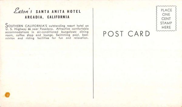 Arcadia California Eatons Sanata Anita Hotel Antique Postcard K103683 - Image 2