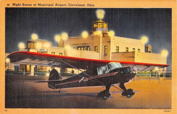 Cleveland Ohio Municipal Airport Night Scene Antique Postcard K103754