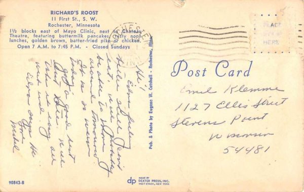 Rochester Minnesota Richard's Roost Vintage Postcard J78149 - Image 2