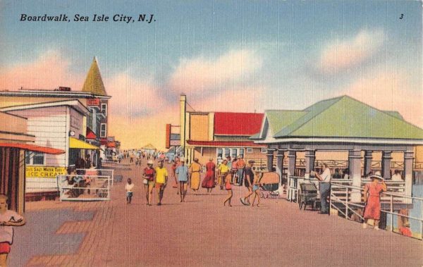 Sea Isle City New Jersey Boardwalk Street Scene Linen Antique Postcard K101283