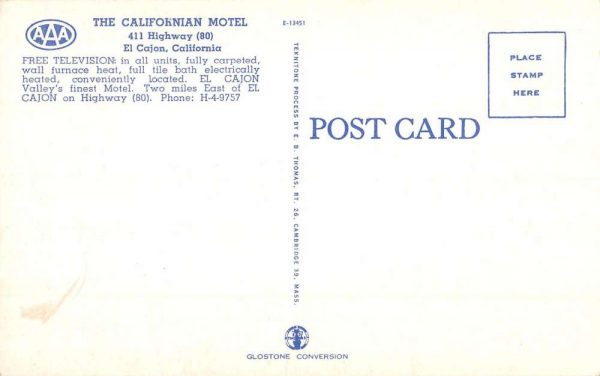 El Cajon California Californian Motel Street View Vintage Postcard K103981 - Image 2