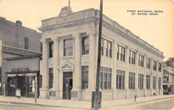 St Peter Minnesota First National Bank Street View Antique Postcard K104494