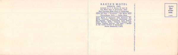 Norwich Ohio Baker's Motel Bi-Fold Linen Vintage Postcard J80200 - Image 2