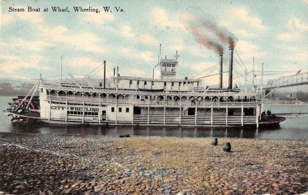 Wheeling West Virginia Steam Boat at Wharf Vintage Postcard J80244