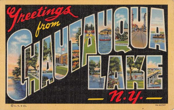 Chautauqua Lake New York Large Letter Linen Antique Postcard K105143