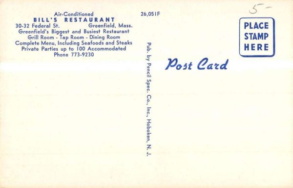 Greenfield Massachusetts Bills Restaurant Multiview Vintage Postcard K106816 - Image 2