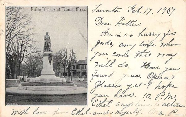 Taunton Massachusetts Pame Memorial Street View Antique Postcard K107000