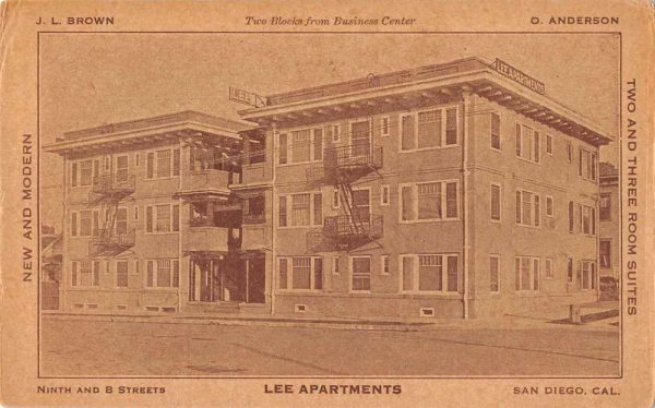 San Diego California Lee Apartments Exterior Antique Postcard J81022