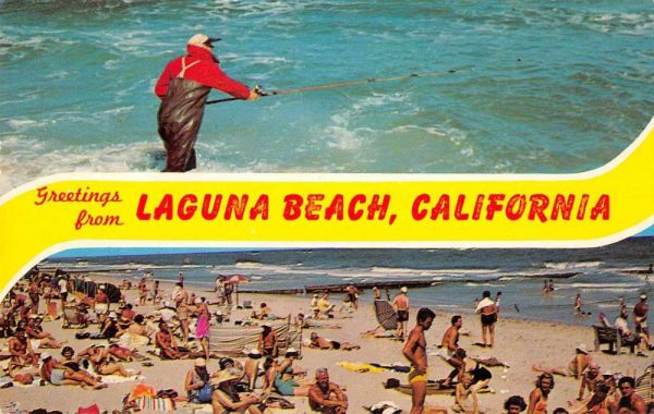 Laguna Beach California Greetings Fishing and Beach Scene Postcard J81048