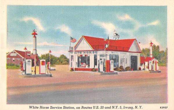 Irving New York view of White Horse Service Station gas pumpis antique pc Z51021