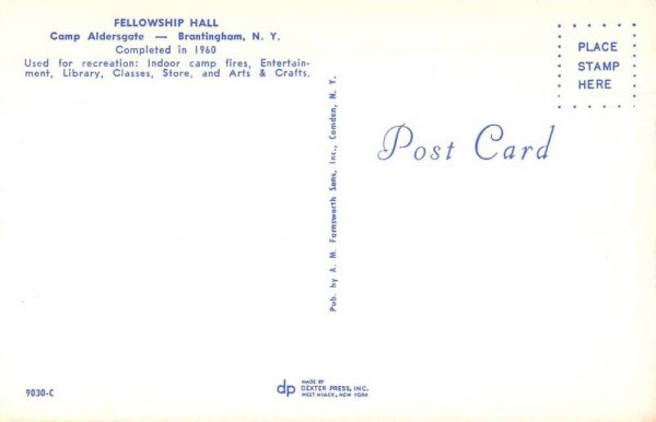 Brantingham New York Camp Aldersgate Fellowship Hall Vintage Postcard JA7471888 - Image 2