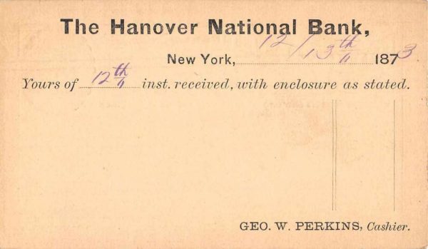 New York Hanover National Bank 1873 Postal Used Vintage Postcard JC932557 - Image 2