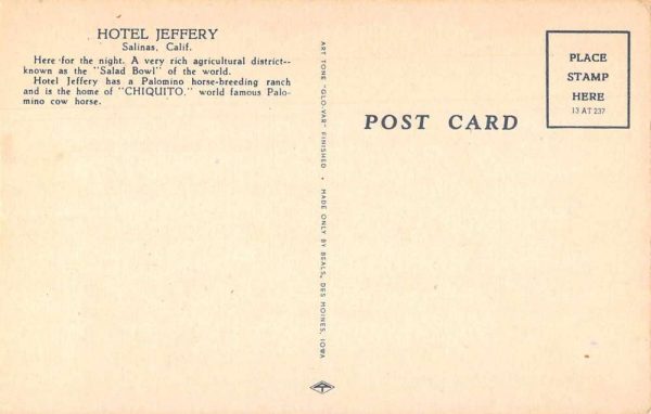 Salinas California Hotel Jeffery Ranch Horse Vintage Postcard JE229443 - Image 2