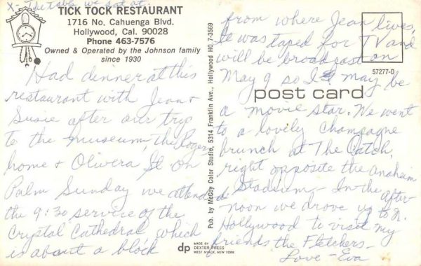 Hollywood California Tick Tock Restaurant Dining Room Vintage Postcard JE229530 - Image 2