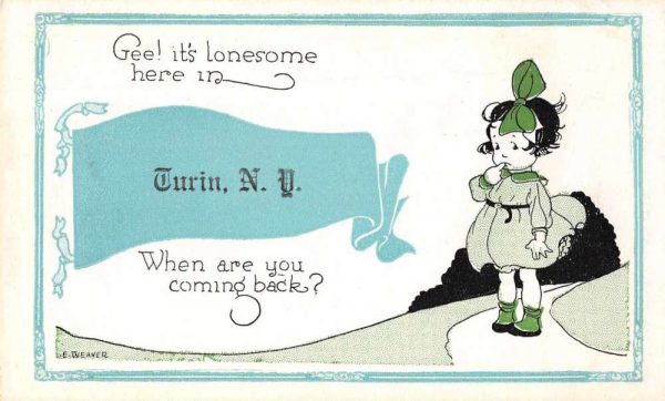 Turin New York Greetings Girl with Green Bow Vintage Postcard JE229640